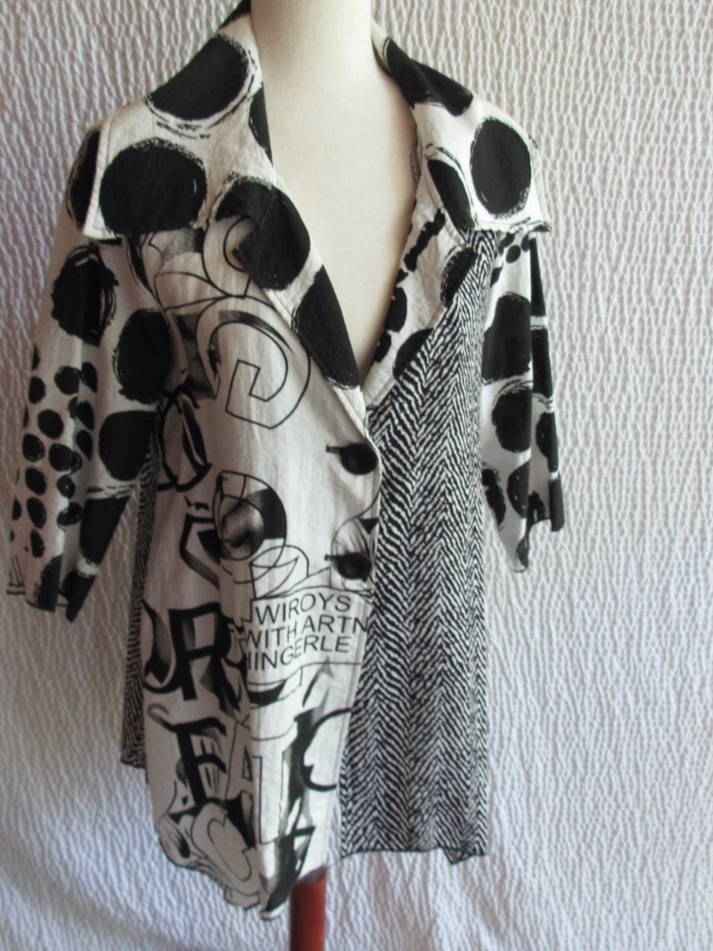 Black White Art Shirt Top S Lagenlook 3/4 Sleeve Top Buttons Feratelli